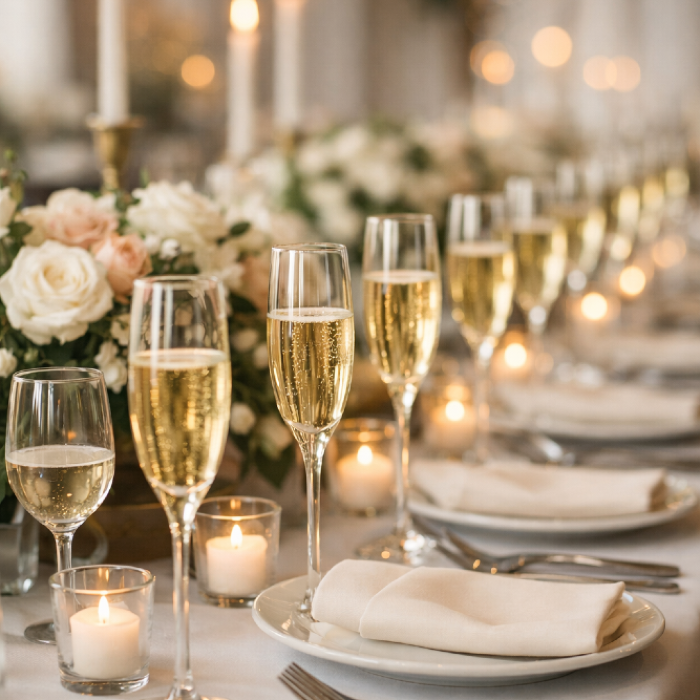 Elegant wedding reception table with champagne glasses already poured at each seat.