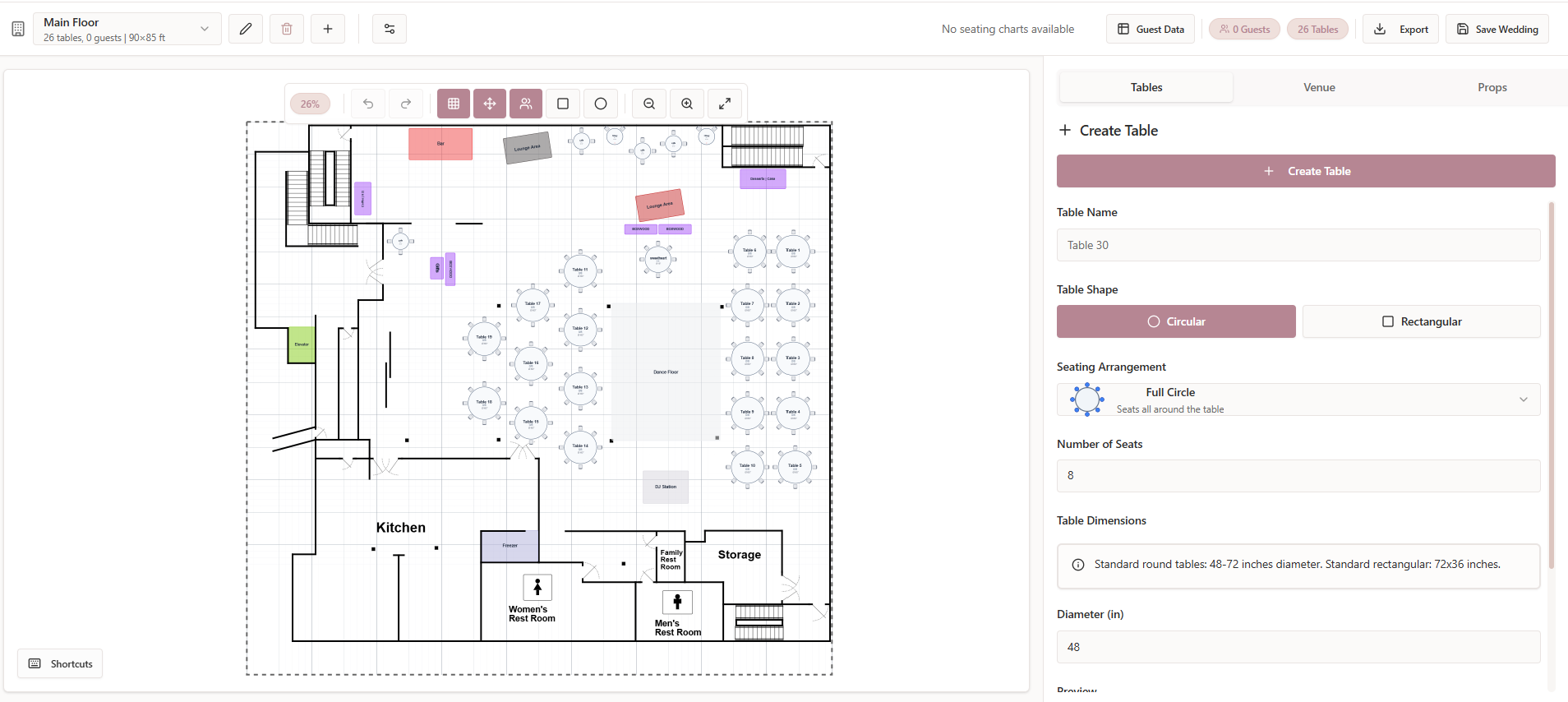 Seated With Love floor plan editor showing a detailed wedding venue layout with round guest tables arranged across the space, along with labeled areas like kitchen, restrooms, dance floor, and lounge areas, and a sidebar for creating and customizing tables with shape, seating arrangement, and seat count options.