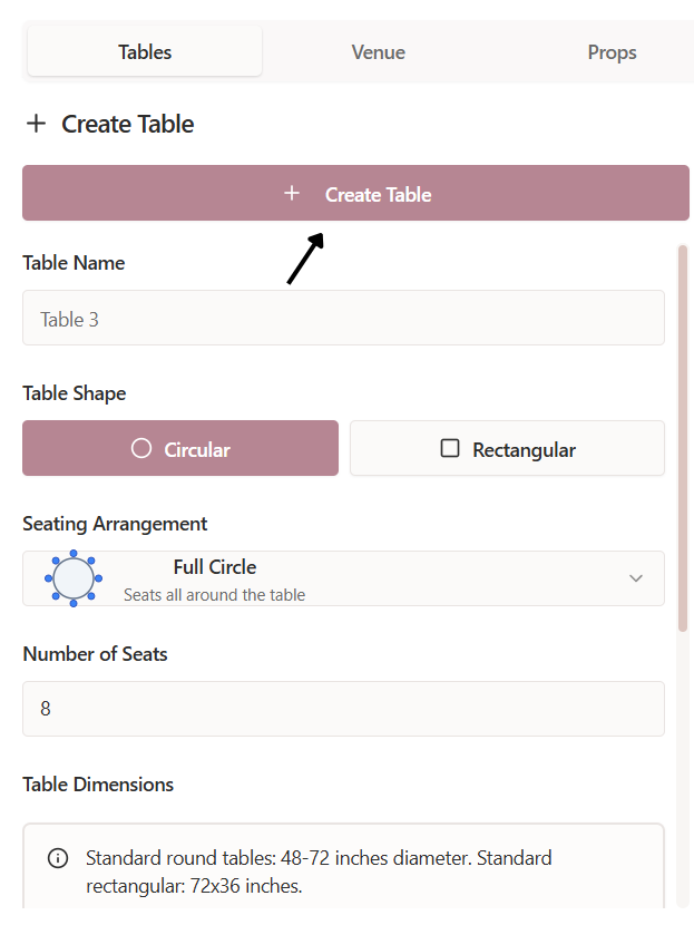 Table creation form with an arrow pointing to the “+ Create Table” button; settings include a circular table with full-circle seating for 8 guests.