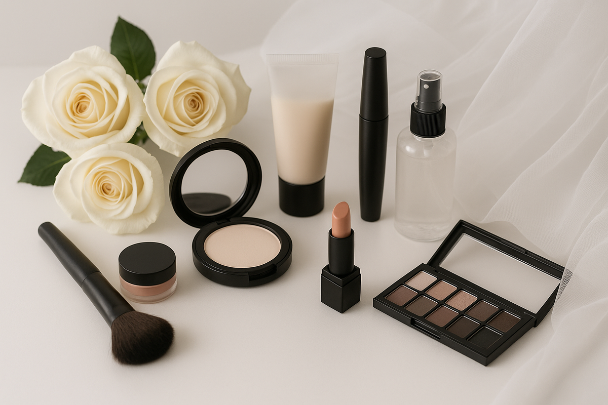 Elegant bridal vanity with blank unbranded makeup products, white roses, and a flowing veil arranged on a white surface under soft natural light.