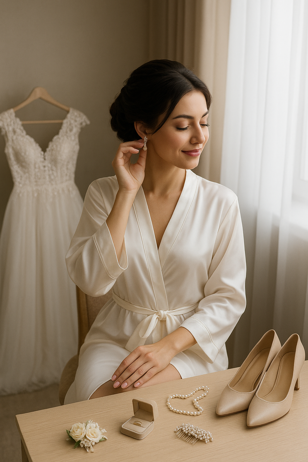 She adjusts her earrings in the soft morning light