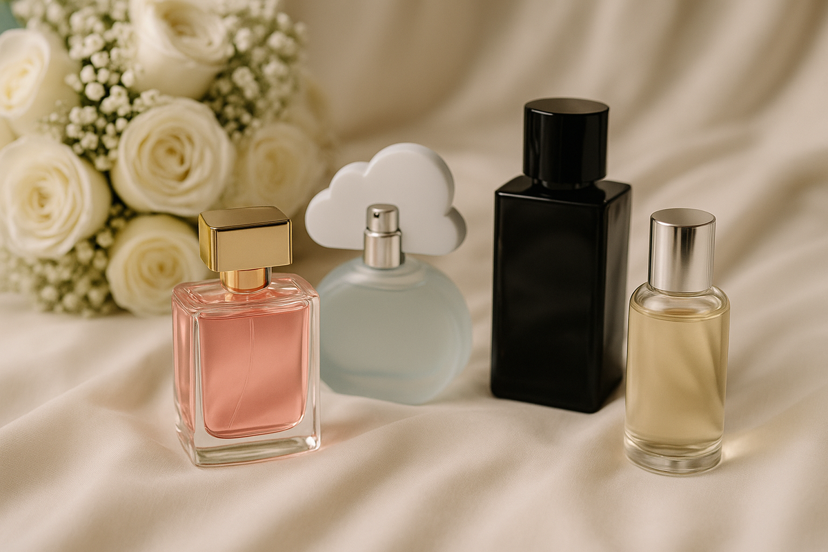 Elegant bridal flat-lay featuring four perfume bottles on ivory fabric beside a bouquet of white roses, softly lit to create a romantic and luxurious wedding aesthetic.