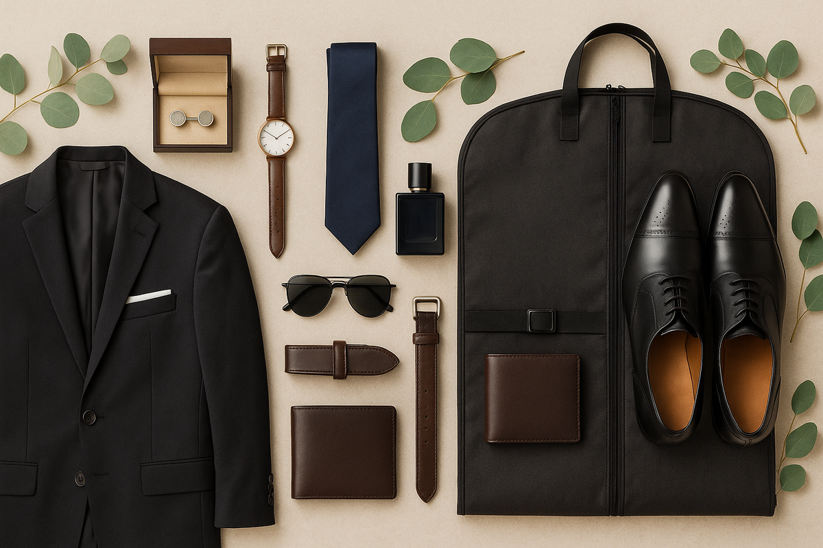 Flat lay of groom essentials on a beige background, including a black suit, leather shoes, tie, watch, cufflinks, cologne, sunglasses, wallet, belt, and garment bag with eucalyptus accents.