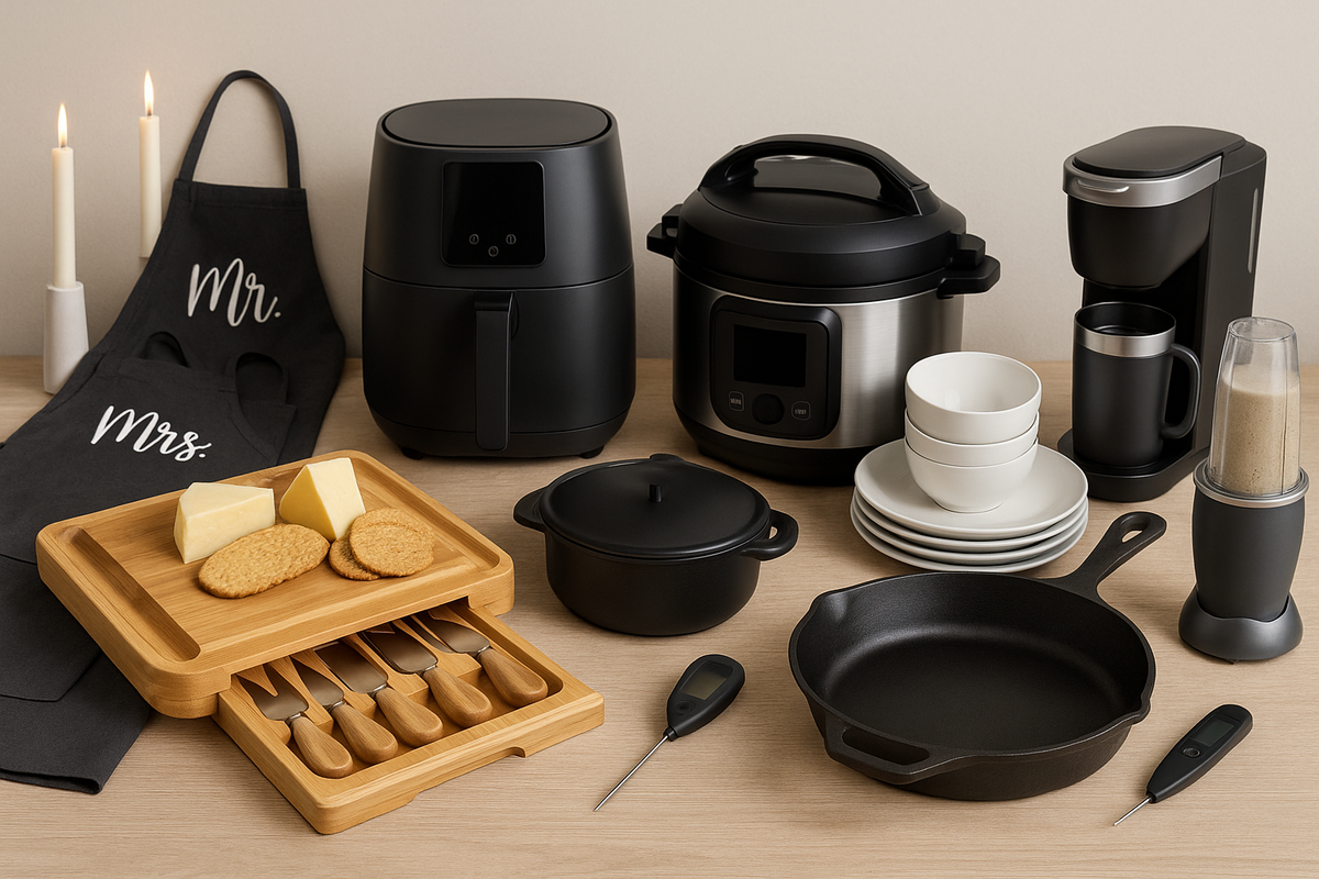 A cozy kitchen scene with wedding registry items—air fryer and crockpot with black screens, dinnerware, cast iron skillet, cheese board, candles, and aprons arranged on a wooden counter.