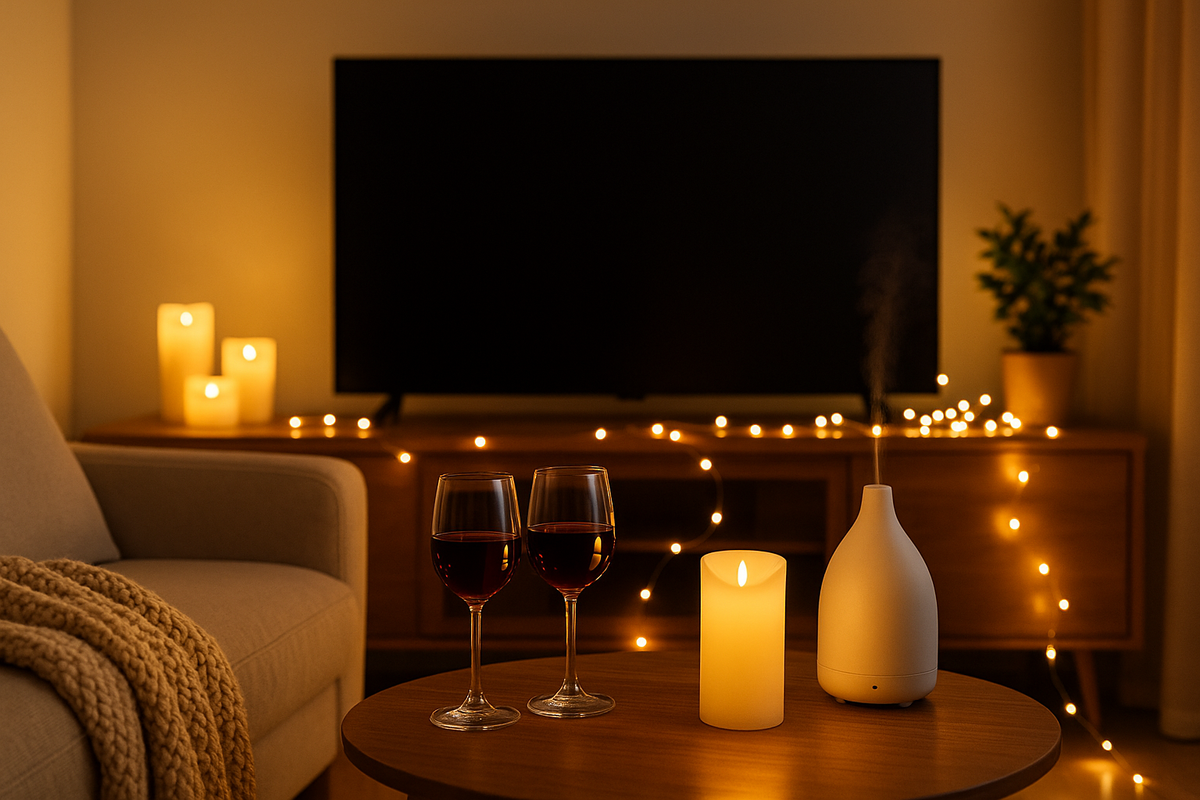 Cozy romantic living room with candles, wine glasses, and string lights glowing softly.