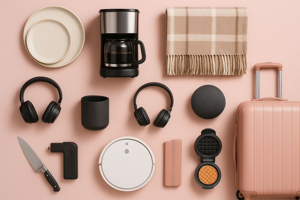 Flat lay of home and travel essentials on a blush pink background, including luggage, coffee maker, blanket, headphones, speaker, knife, robot vacuum, waffle maker, and dinner plates.