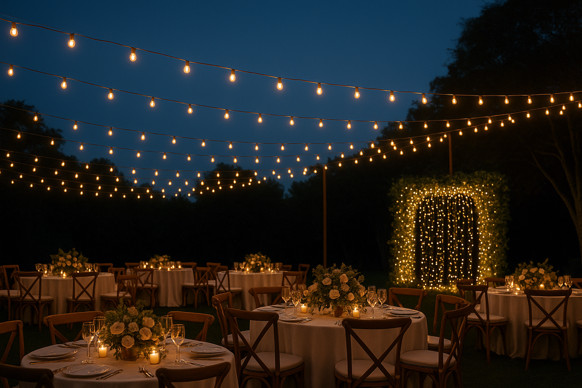 An outdoor wedding reception at dusk with warm string lights hanging above round tables decorated with candles and floral centerpieces, creating a romantic glow against a dark blue sky.