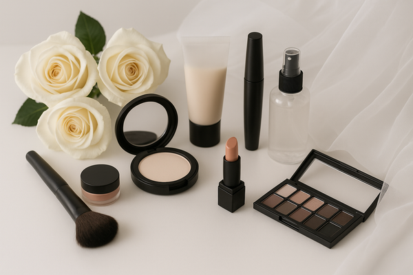 Elegant bridal vanity with blank unbranded makeup products, white roses, and a flowing veil arranged on a white surface under soft natural light.
