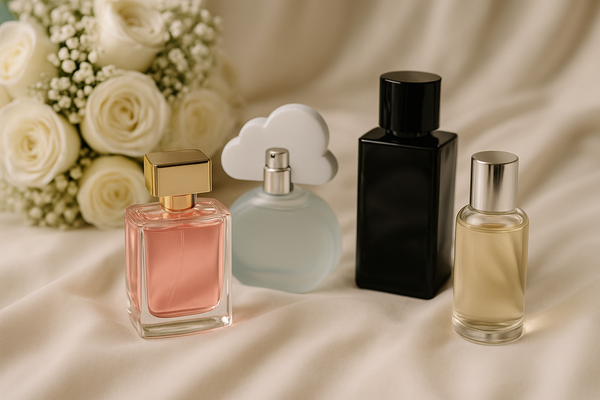 Elegant bridal flat-lay featuring four perfume bottles on ivory fabric beside a bouquet of white roses, softly lit to create a romantic and luxurious wedding aesthetic.