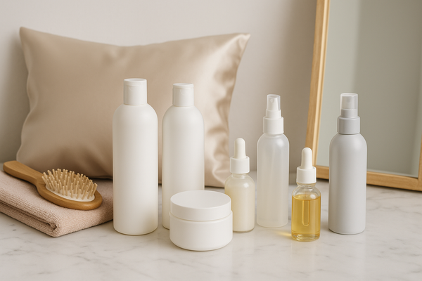 A collection of neutral-toned haircare bottles, serums, and a wooden hairbrush arranged on a marble countertop, with a satin pillowcase and mirror in the background.