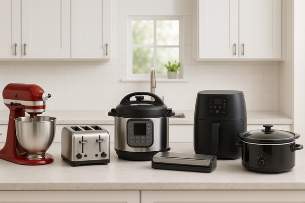 A bright modern kitchen countertop featuring unbranded stand mixer, toaster, pressure cooker, vacuum sealer, air fryer, and slow cooker — all turned off and neatly arranged.