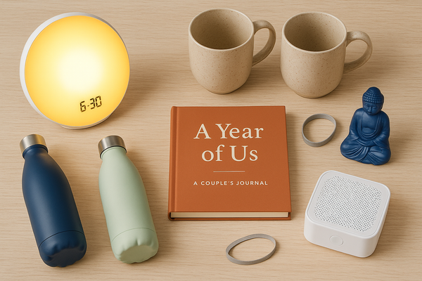 Calm morning wellness setup with mugs, water bottles, alarm clock, and meditation figure.