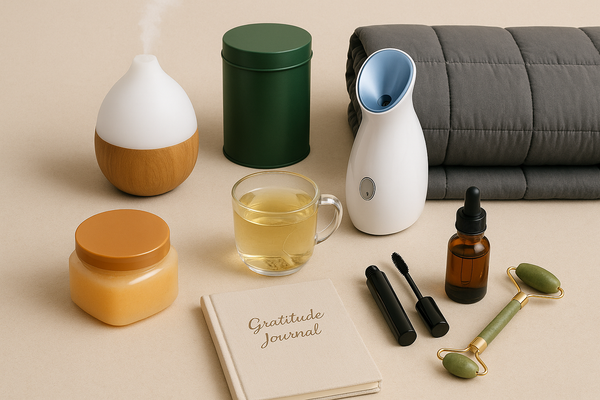 A calming spa-inspired scene featuring a diffuser, candle jar, tea cup, facial steamer, jade roller, amber dropper bottle, and gray blanket arranged neatly on a beige surface.
