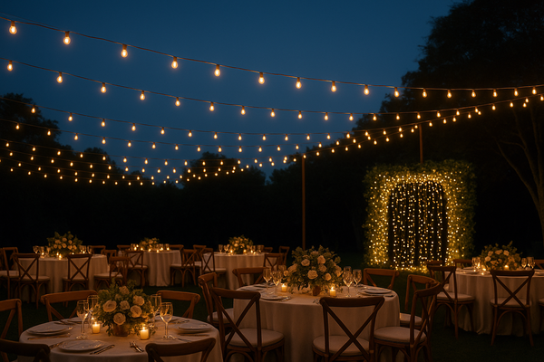 An outdoor wedding reception at dusk with warm string lights hanging above round tables decorated with candles and floral centerpieces, creating a romantic glow against a dark blue sky.